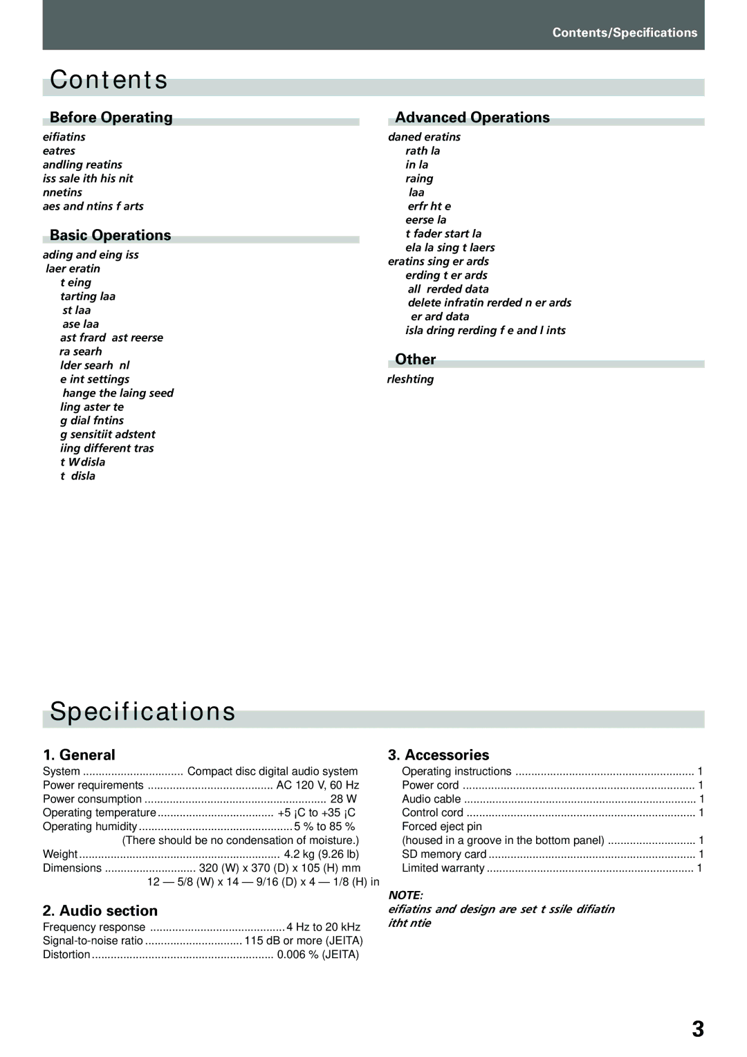 Pioneer CDJ-1000MK3, compact disc player manual Contents, Specifications 