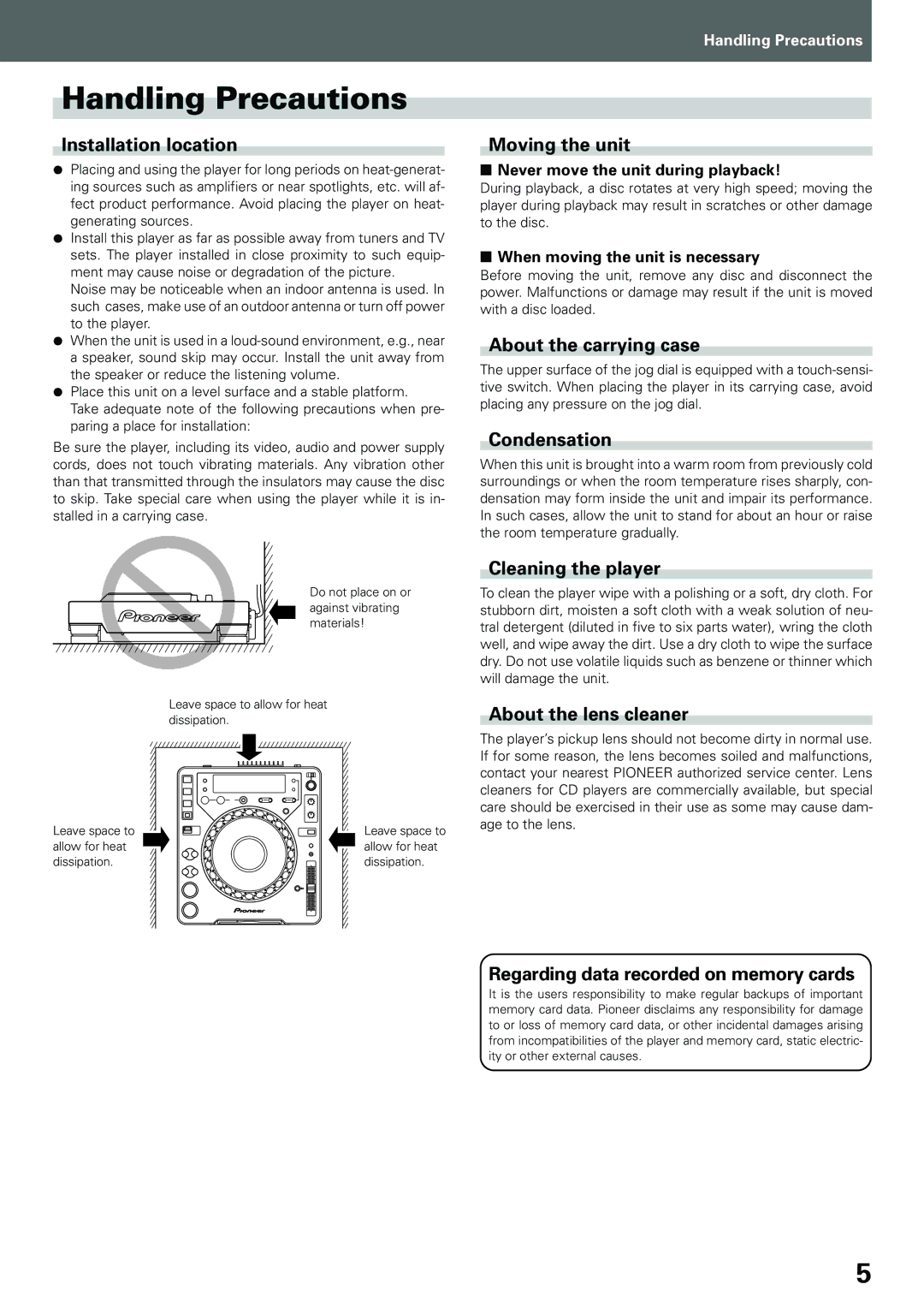 Pioneer CDJ-1000MK3, compact disc player manual Handling Precautions 