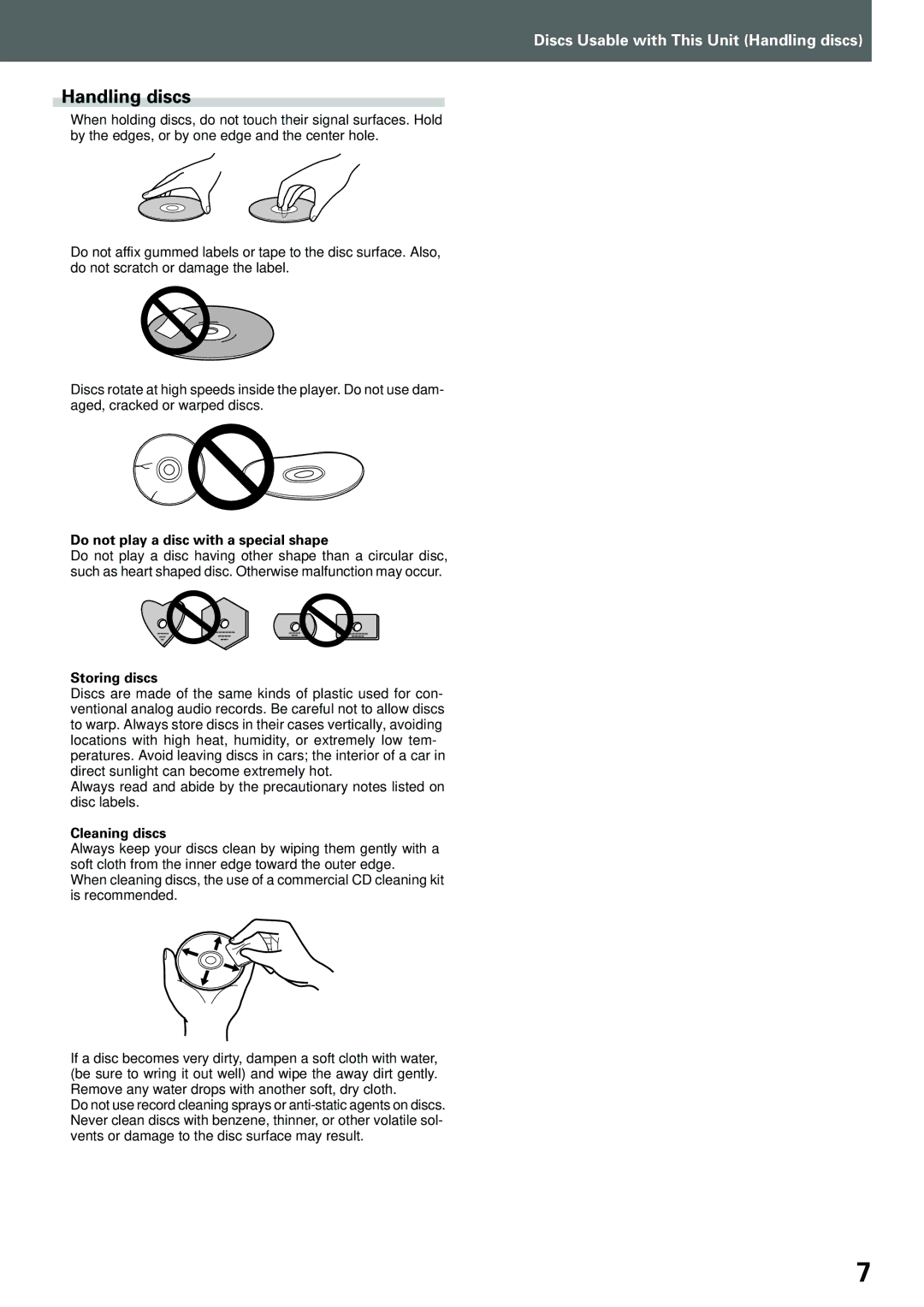 Pioneer CDJ-1000MK3 manual Handling discs, Do not play a disc with a special shape, Storing discs, Cleaning discs 