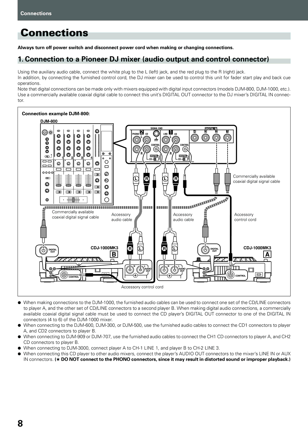 Pioneer compact disc player, CDJ-1000MK3 manual Connections, Connection example DJM-800 