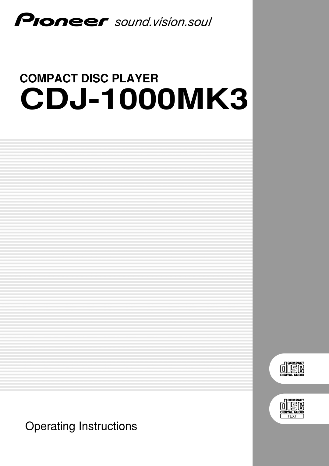 Pioneer CDJ-1000MK3, compact disc player manual Compact Disc Player, Operating Instructions 