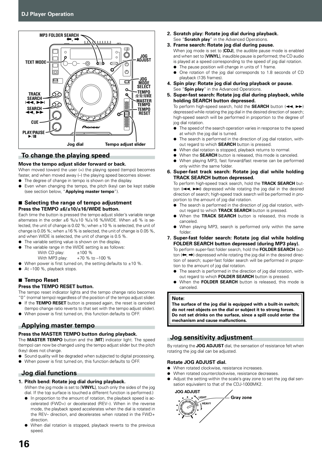 Pioneer compact disc player manual DJ Player Operation, 7Selecting the range of tempo adjustment, 7Tempo Reset, 4, ¢, 1, ¡ 