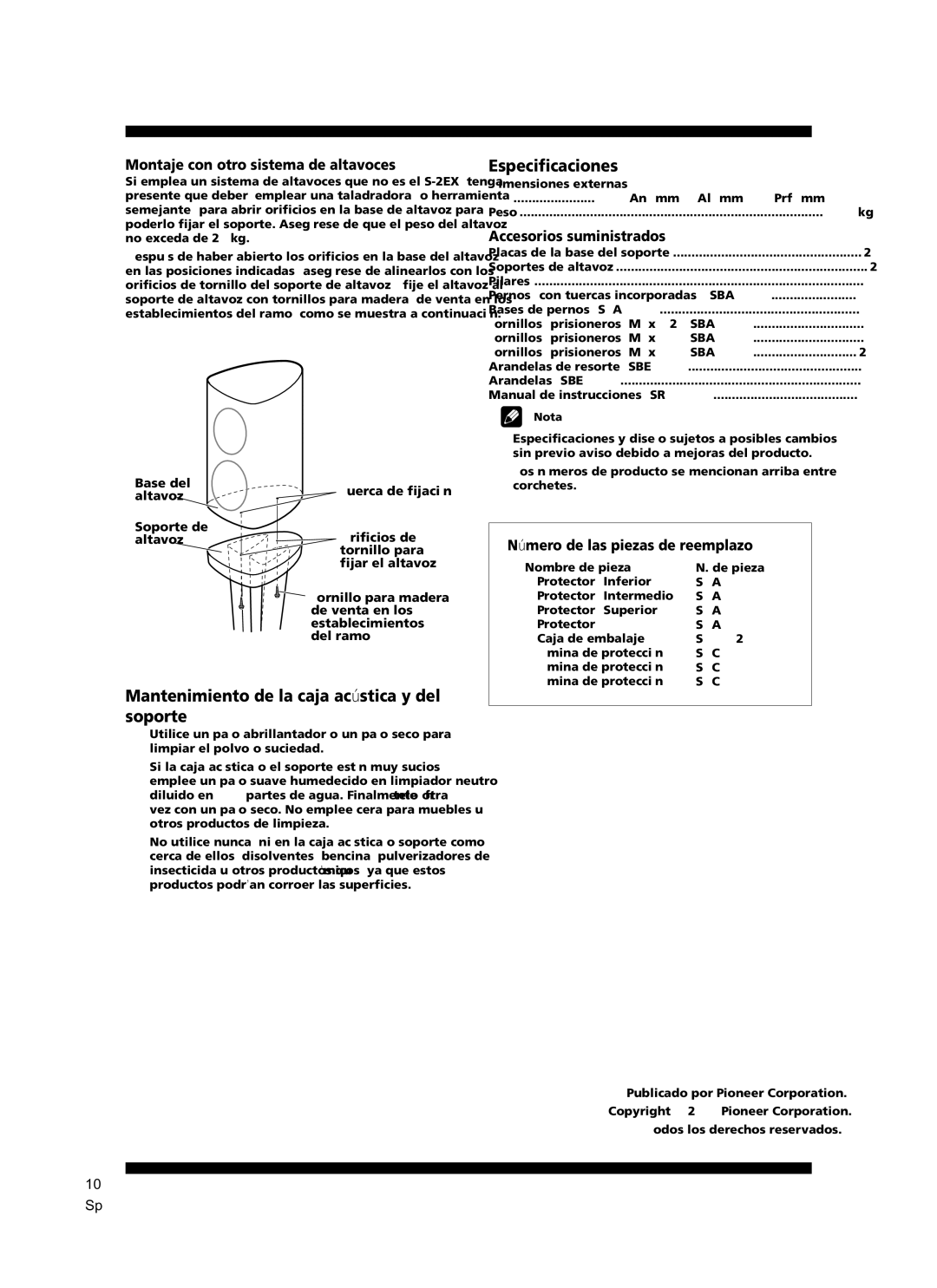 Pioneer CP-2EX Mantenimiento de la caja acústica y del soporte, Especificaciones, Montaje con otro sistema de altavoces 