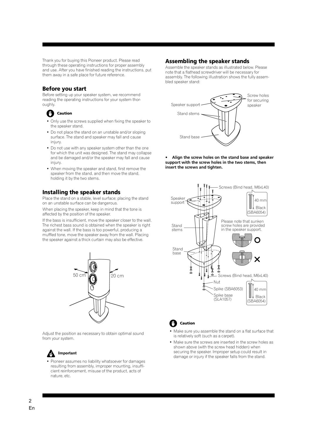 Pioneer CP-2EX manual Before you start, Installing the speaker stands, Assembling the speaker stands 