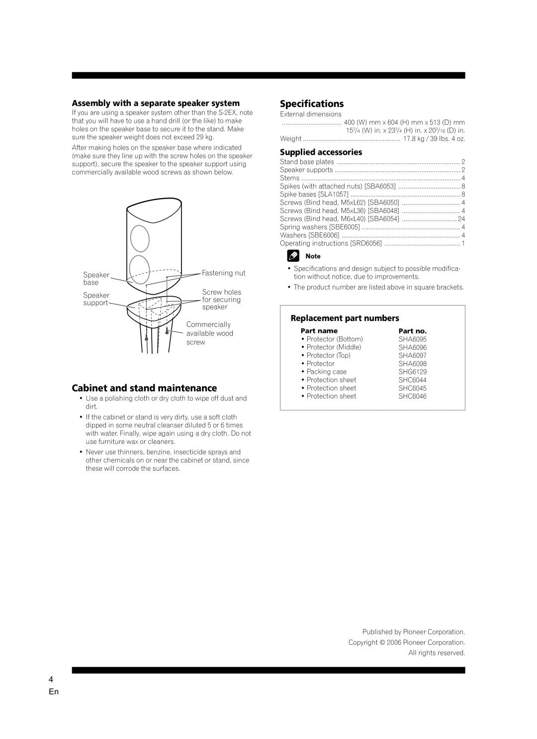 Pioneer CP-2EX manual Cabinet and stand maintenance, Specifications, Assembly with a separate speaker system 