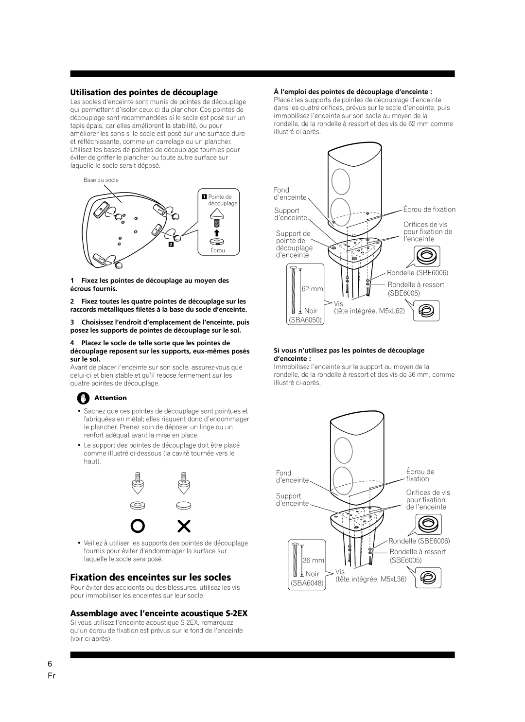 Pioneer CP-2EX manual Fixation des enceintes sur les socles, Utilisation des pointes de découplage 