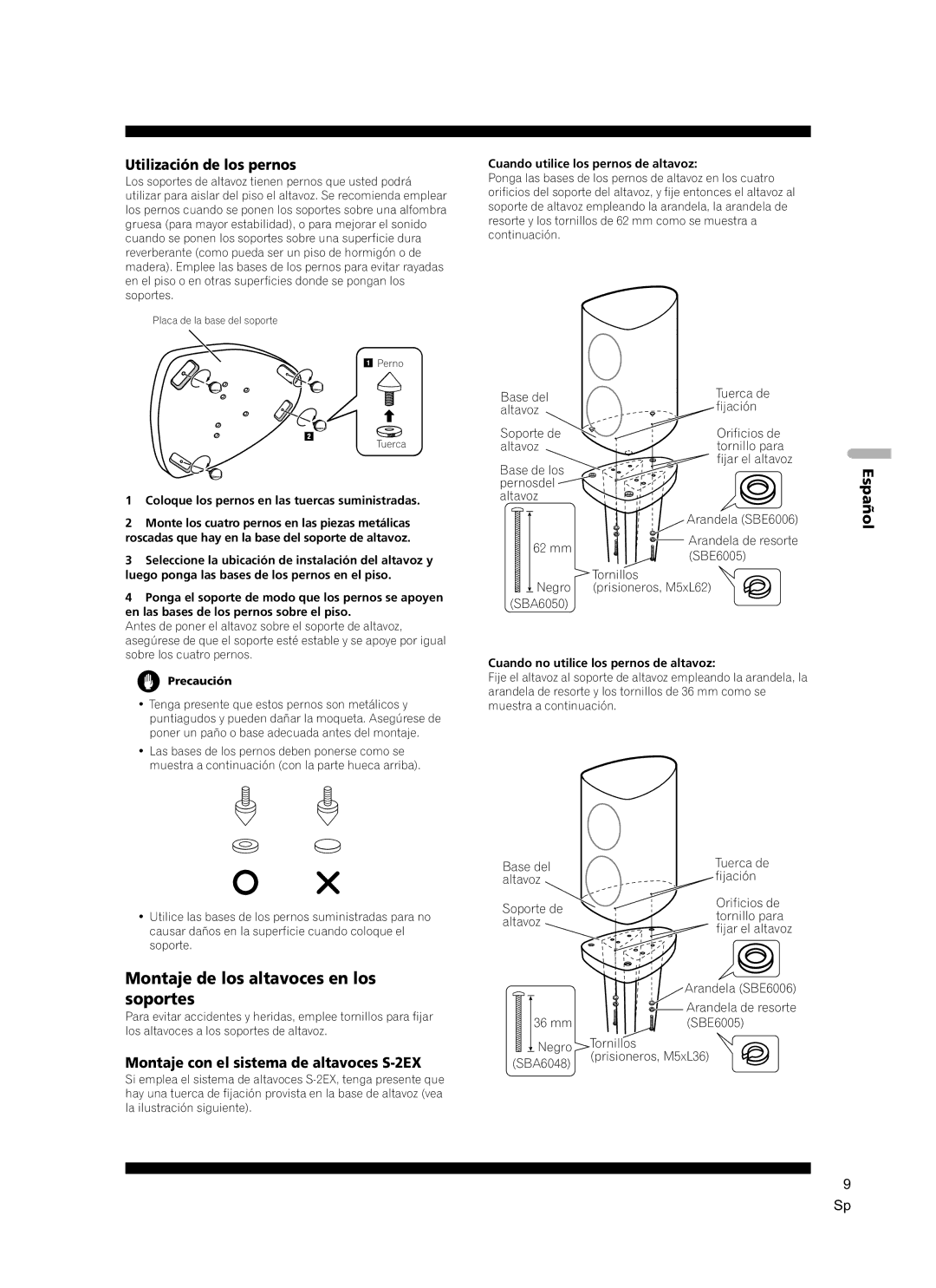 Pioneer CP-2EX manual Montaje de los altavoces en los soportes, Utilización de los pernos, Olñ Espa 