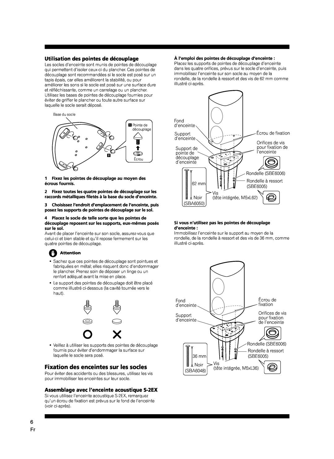Pioneer CP-2EX manual Fixation des enceintes sur les socles, Utilisation des pointes de découplage 