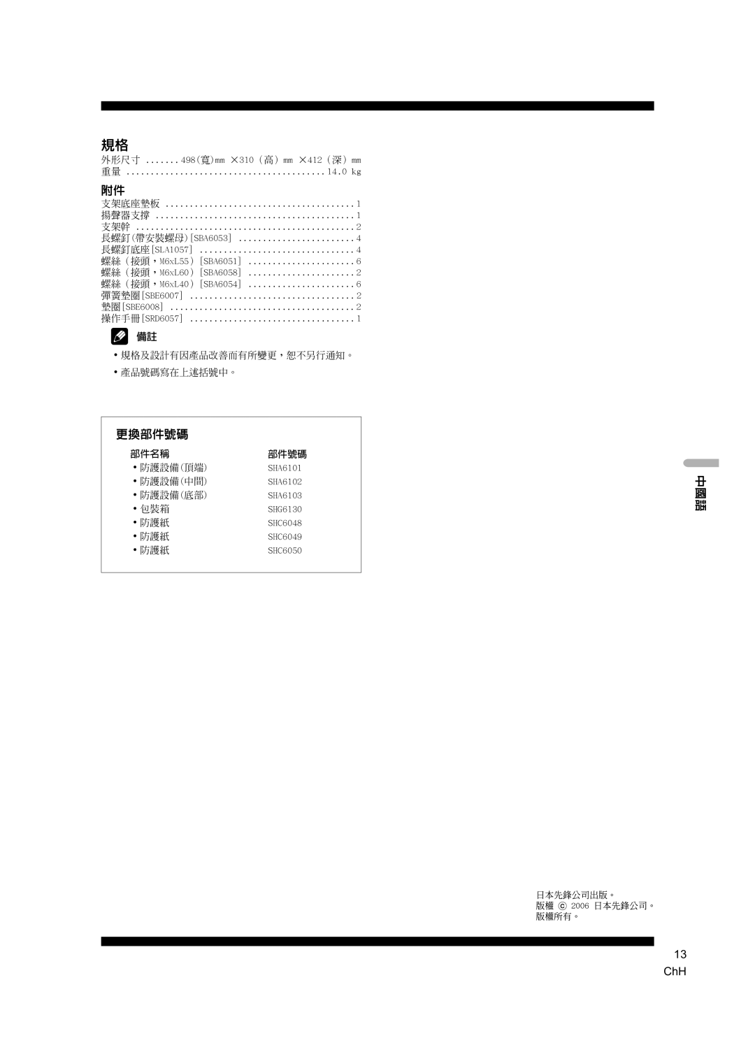 Pioneer CP-7EX manual 更換部件號碼 