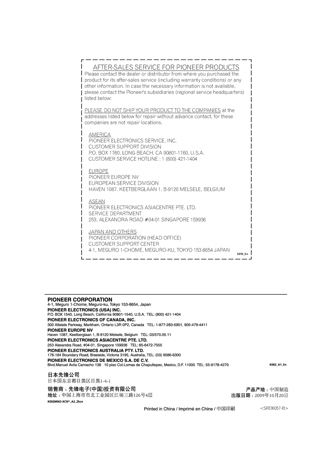 Pioneer CP-7EX manual AFTER-SALES Service for Pioneer Products 