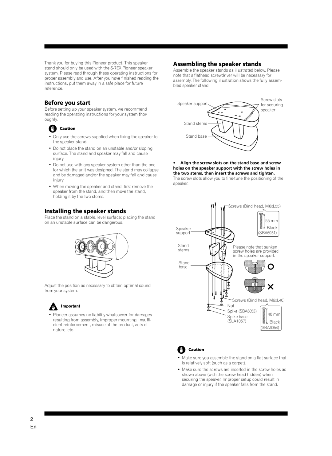 Pioneer CP-7EX manual Before you start, Installing the speaker stands, Assembling the speaker stands 