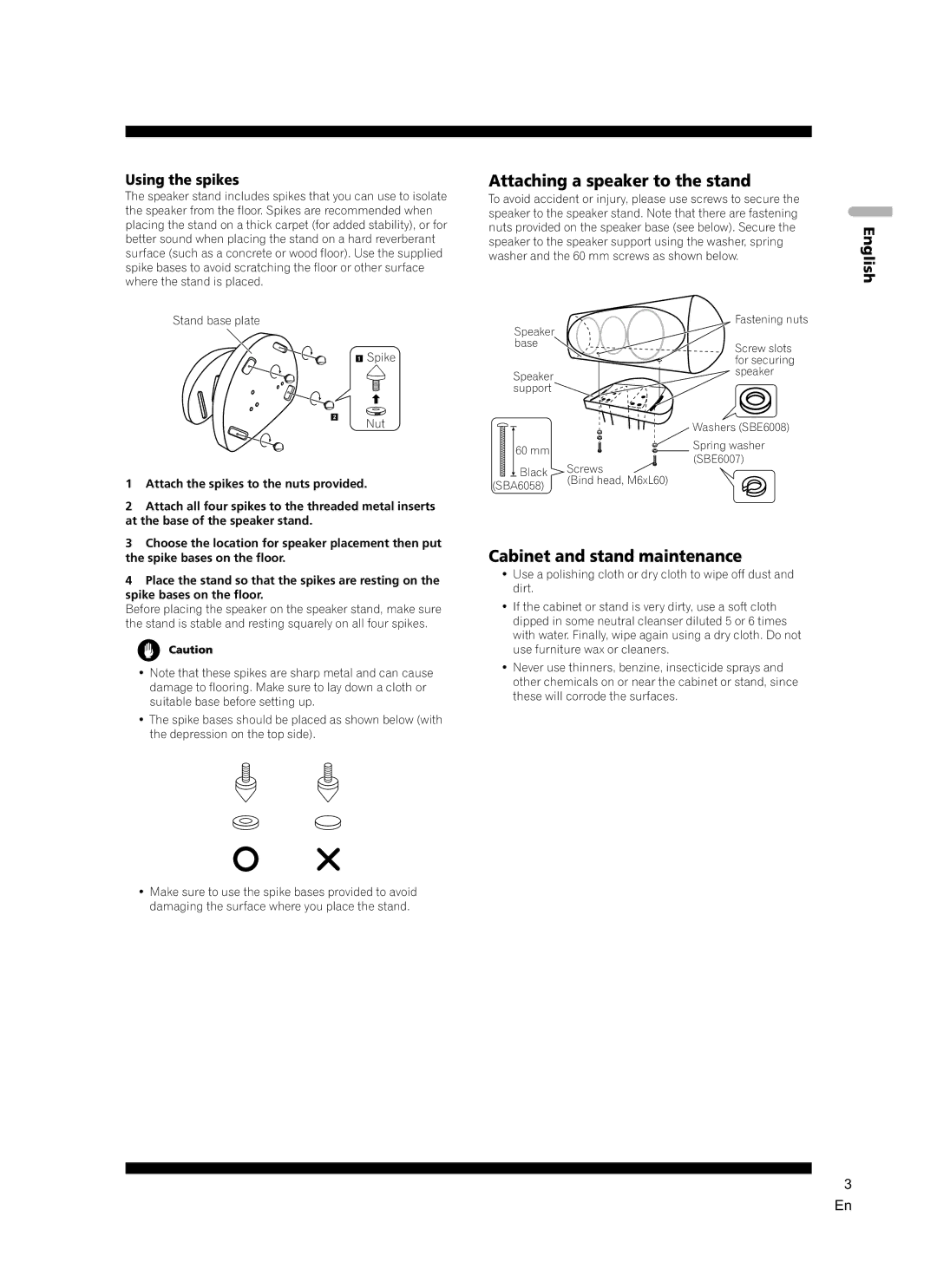 Pioneer CP-7EX manual Attaching a speaker to the stand, Cabinet and stand maintenance, Using the spikes, English 