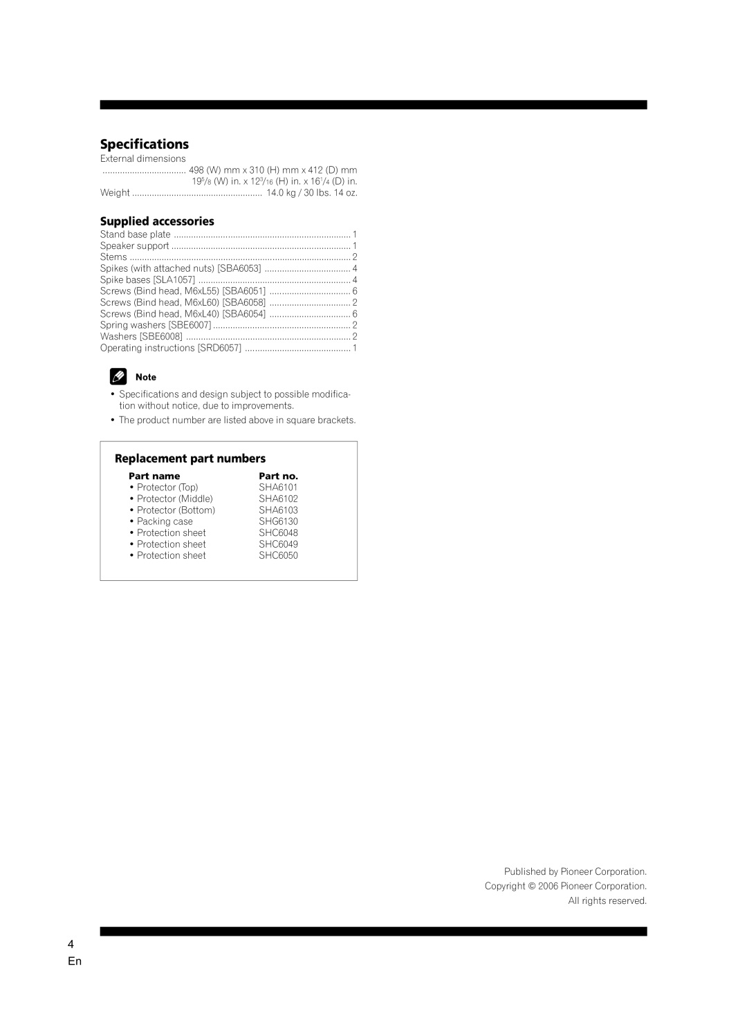 Pioneer CP-7EX manual Specifications, Supplied accessories, Replacement part numbers, Part name 