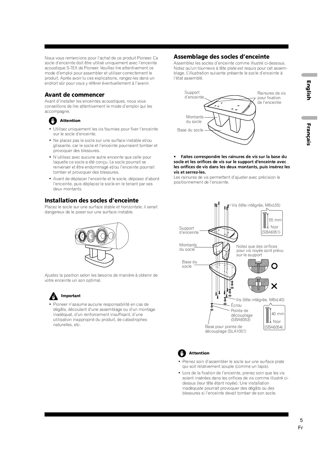 Pioneer CP-7EX manual Avant de commencer, Installation des socles d’enceinte, Assemblage des socles d’enceinte 