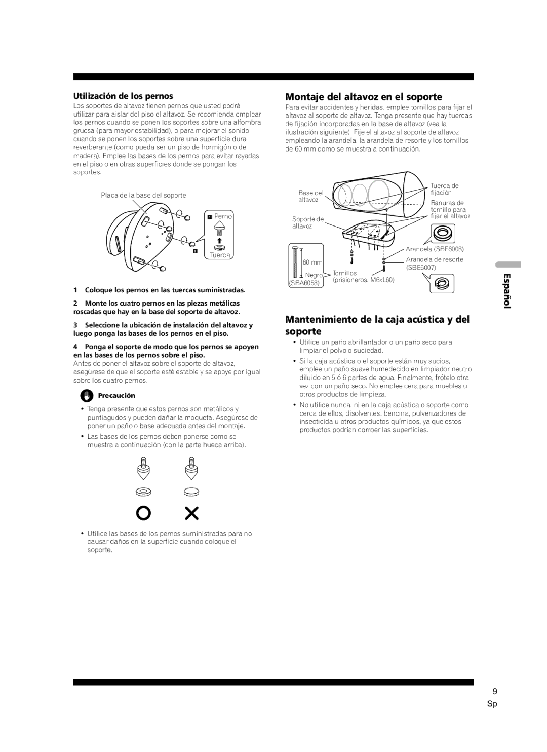 Pioneer CP-7EX manual Montaje del altavoz en el soporte, Mantenimiento de la caja acústica y del soporte, Espa 