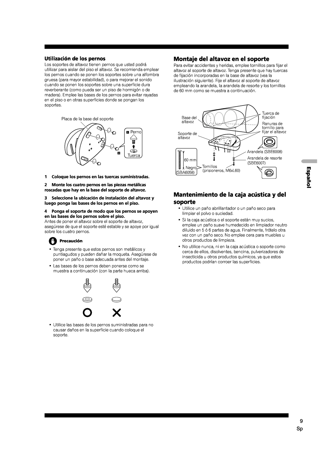 Pioneer CP-7EX manual Montaje del altavoz en el soporte, Mantenimiento de la caja acústica y del soporte, Espa, Precaución 
