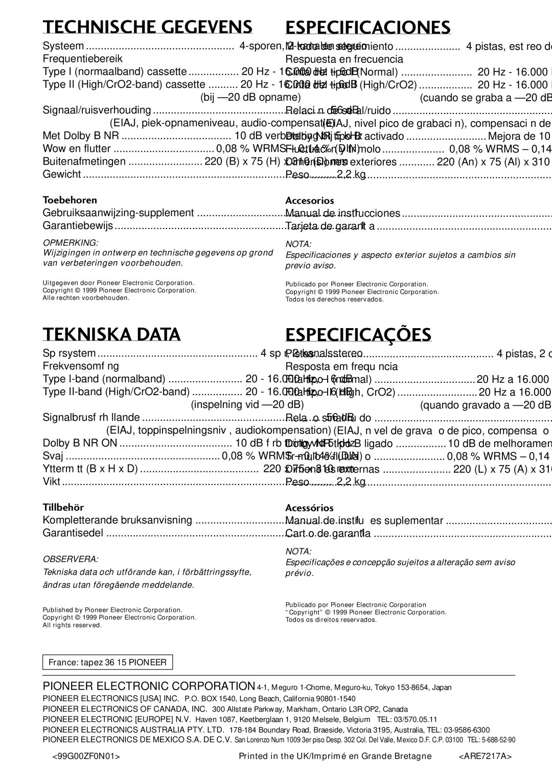 Pioneer CT-L77 operating instructions Especificaciones, Tekniska Data, Especifica‚Íes 