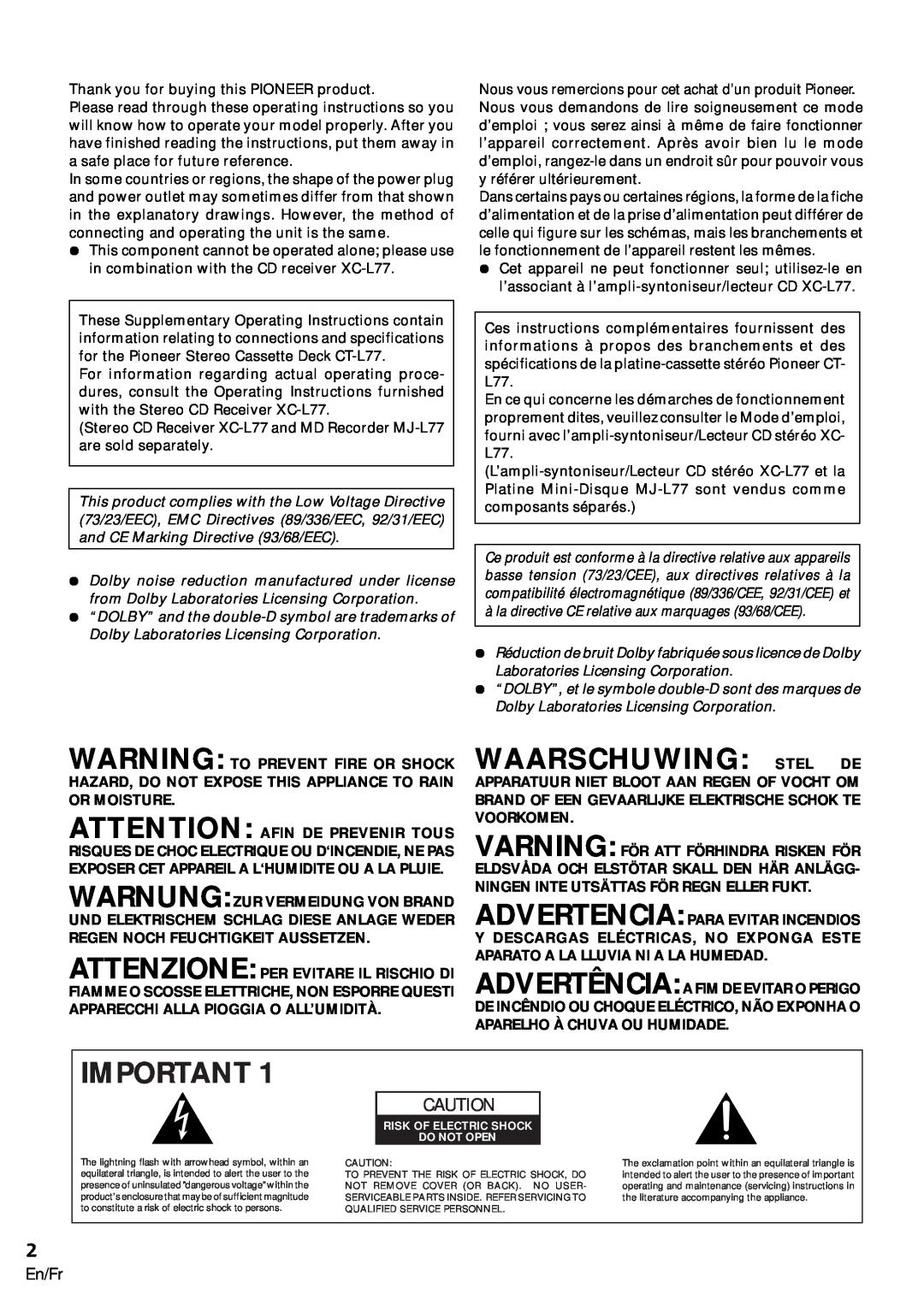 Pioneer CT-L77 operating instructions Waarschuwing Stel De, En/Fr 