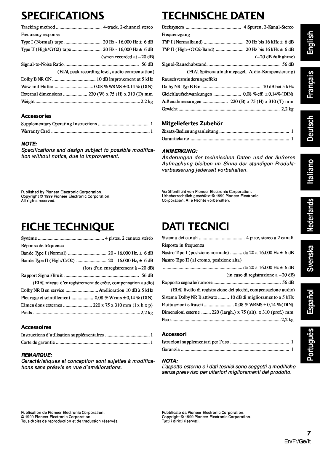 Pioneer CT-L77 Specifications, Technische Daten, Fiche Technique, Dati Tecnici, Français English, Italiano Deutsch 