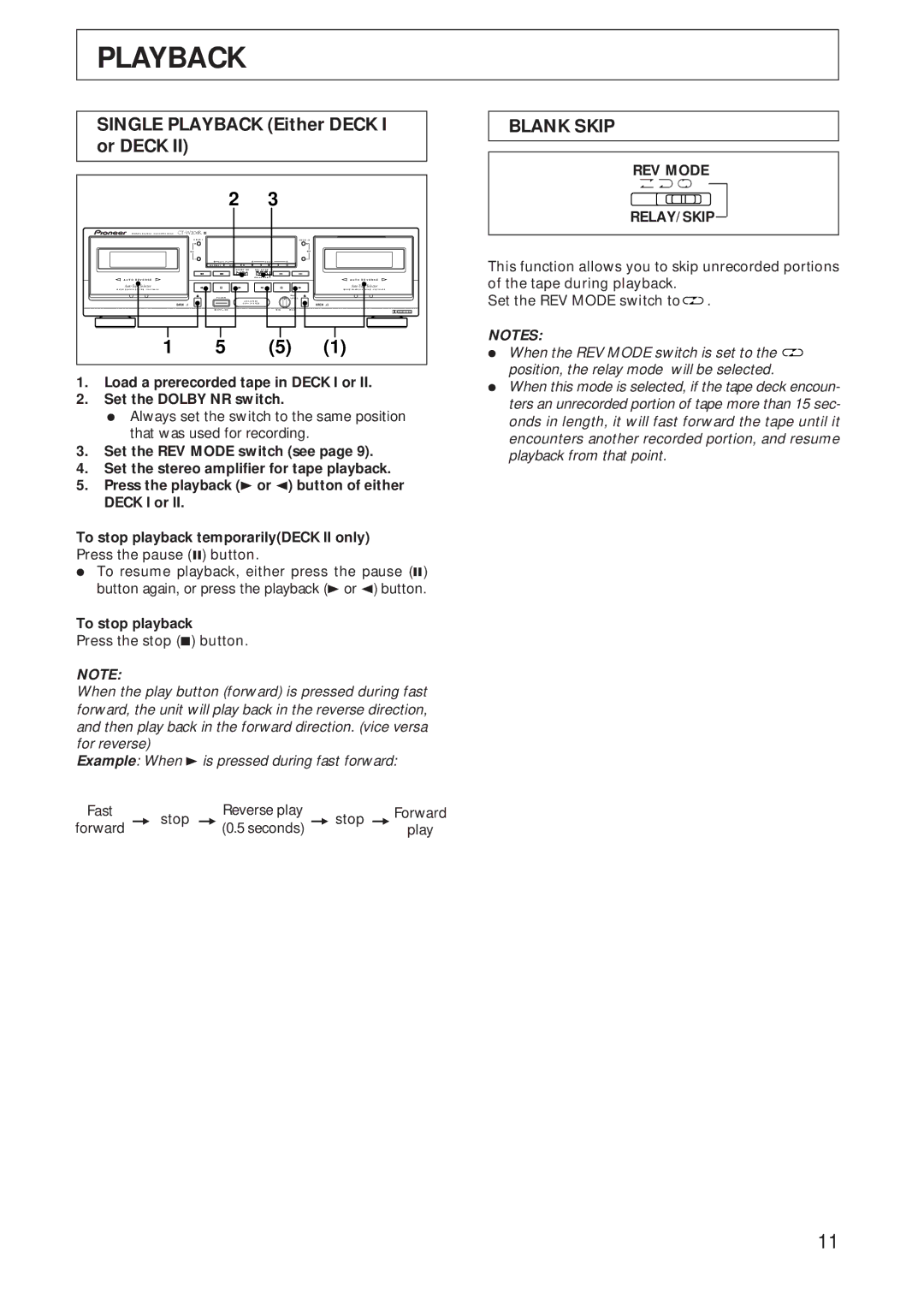 Pioneer CT-W208R Single Playback Either Deck I or Deck, Blank Skip, To stop playback, REV Mode RELAY/SKIP 