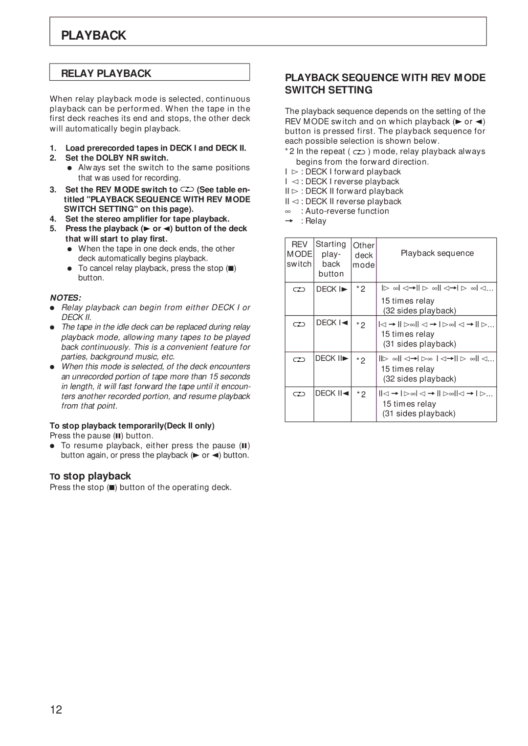 Pioneer CT-W208R operating instructions Relay Playback, To stop playback, Playback Sequence with REV Mode Switch Setting 