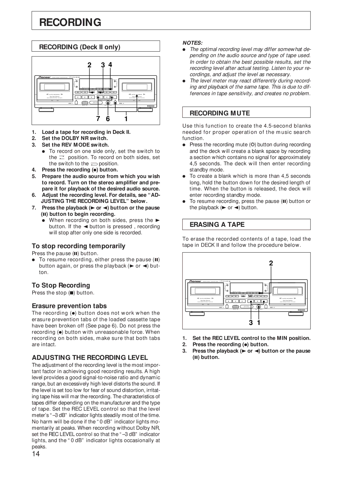 Pioneer CT-W208R operating instructions Adjusting the Recording Level, Recording Mute, Erasing a Tape 