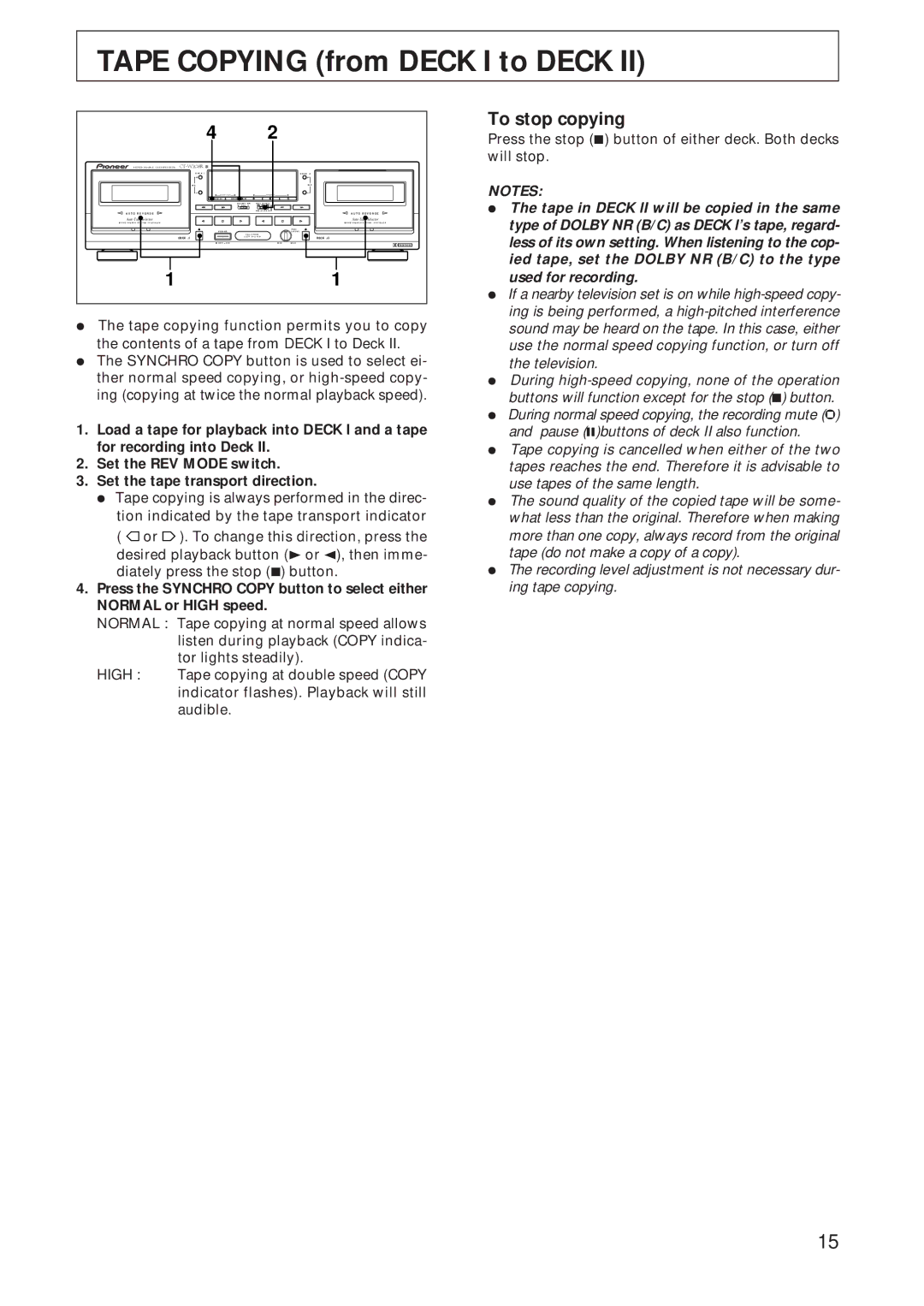 Pioneer CT-W208R operating instructions Tape Copying from Deck I to Deck, To stop copying 