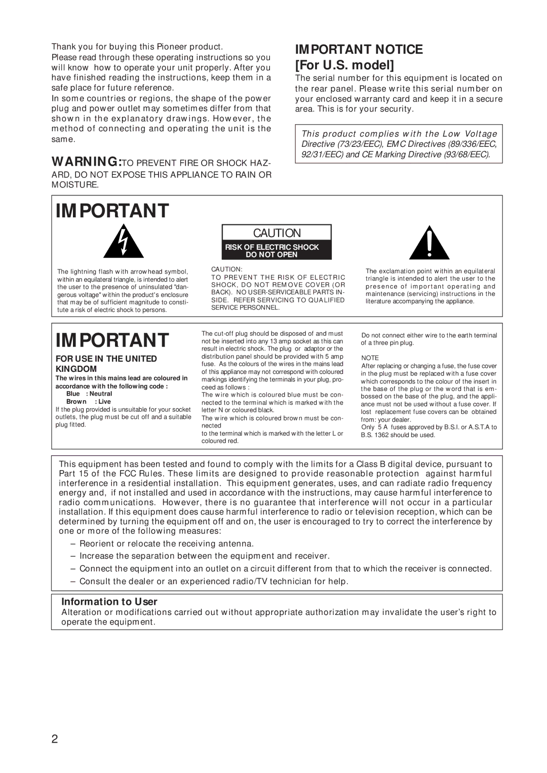 Pioneer CT-W208R operating instructions Information to User, For USE in the United Kingdom 