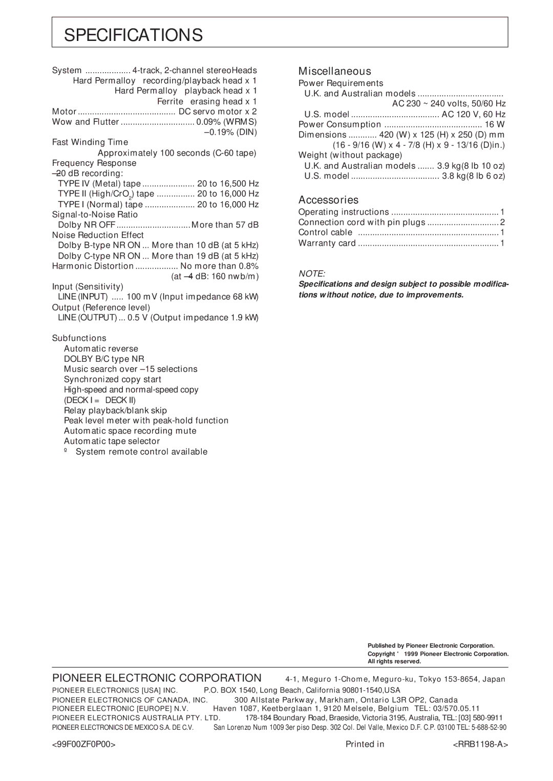 Pioneer CT-W208R operating instructions Specifications, Miscellaneous, Accessories, Subfunctions 