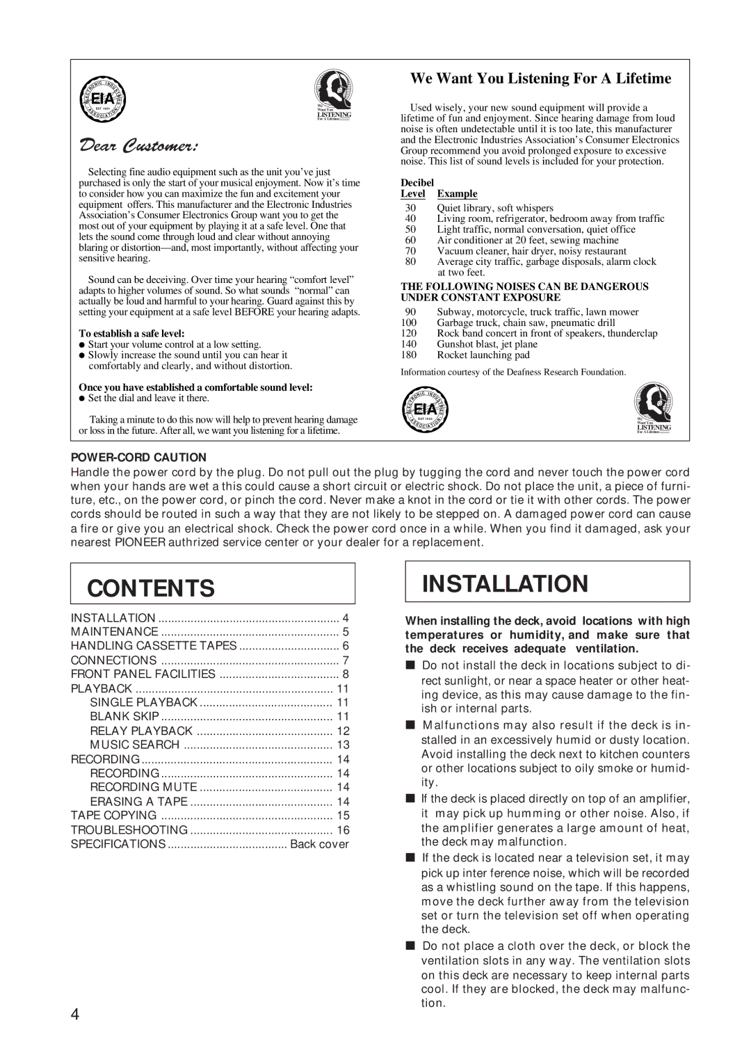 Pioneer CT-W208R operating instructions Contents, Installation 