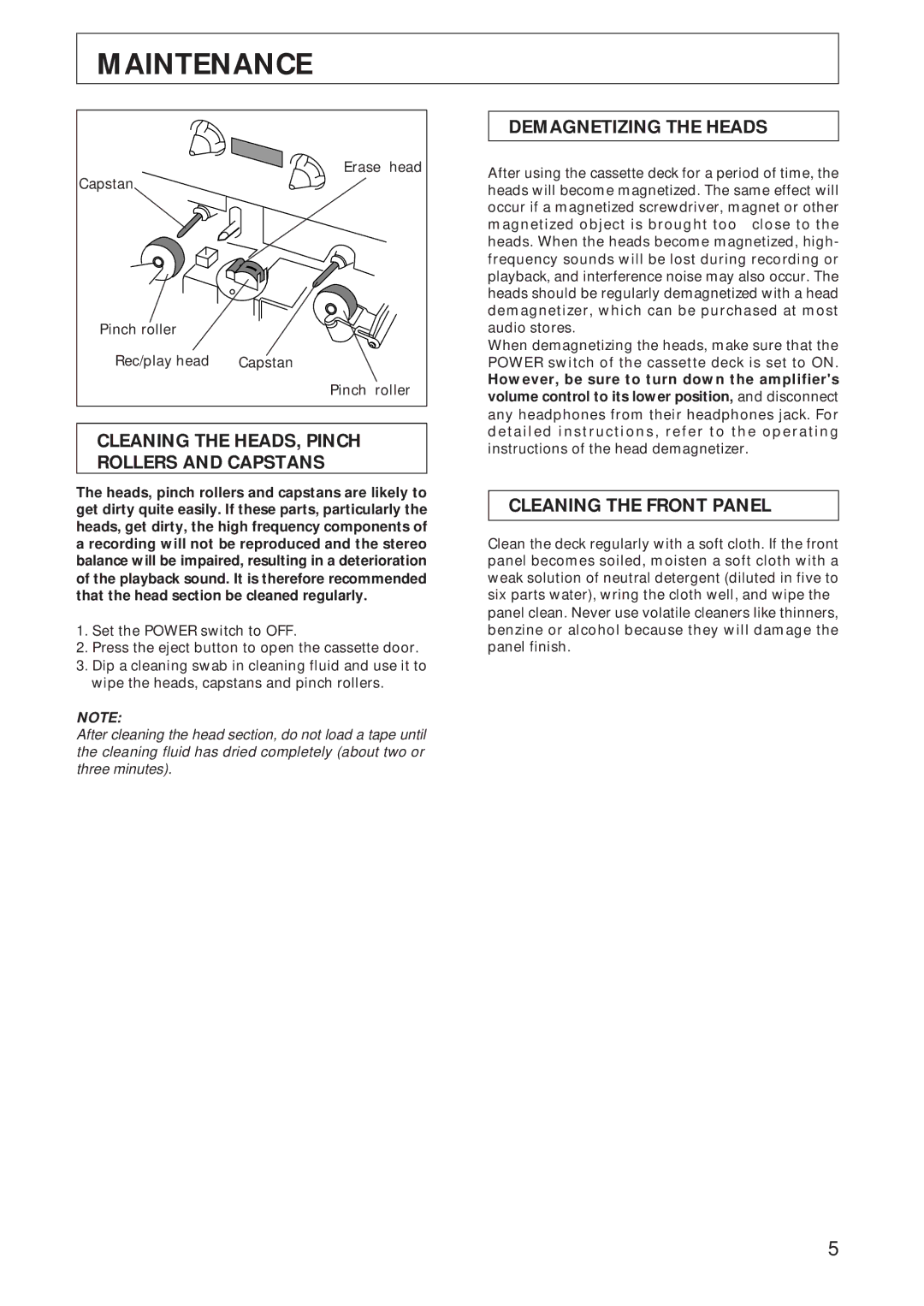 Pioneer CT-W208R Maintenance, Demagnetizing the Heads, Cleaning the HEADS, Pinch, Rollers and Capstans 