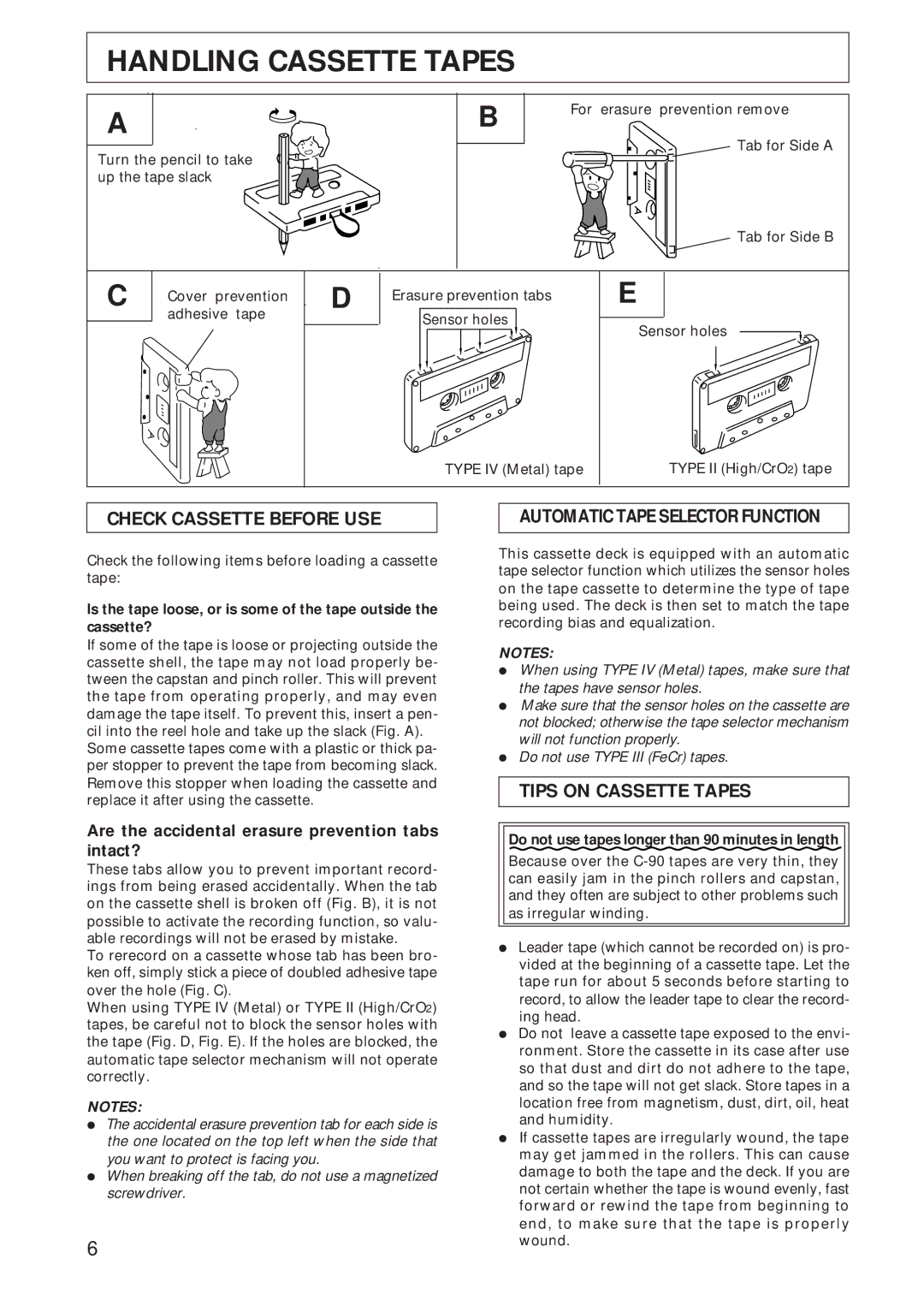 Pioneer CT-W208R Handling Cassette Tapes, Check Cassette Before USE, Automatic Tape Selector Function 