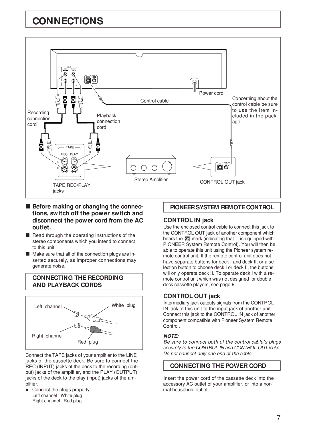 Pioneer CT-W208R Connections, Connecting the Recording and Playback Cords, Pioneer System Remote Control 