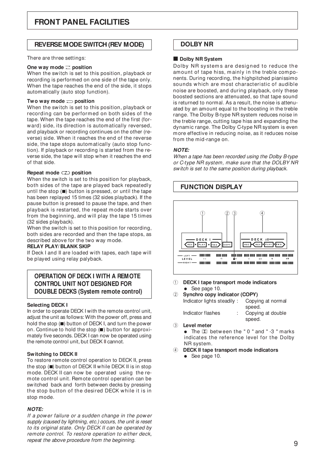 Pioneer CT-W208R operating instructions Reverse Mode Switch REV Mode, Dolby NR, Function Display, Relay PLAY/BLANK Skip 