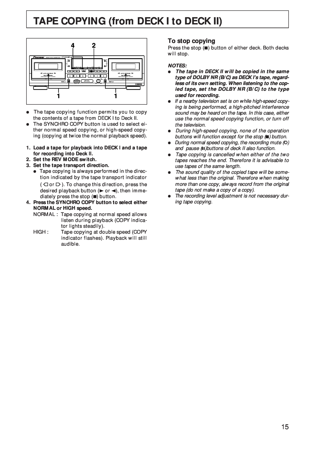 Pioneer CT-W208R operating instructions TAPE COPYING from DECK I to DECK, To stop copying 