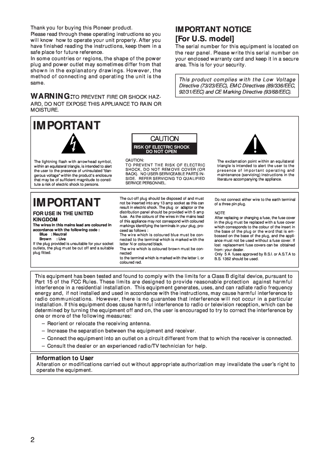 Pioneer CT-W208R operating instructions IMPORTANT NOTICE For U.S. model, Information to User, For Use In The United Kingdom 