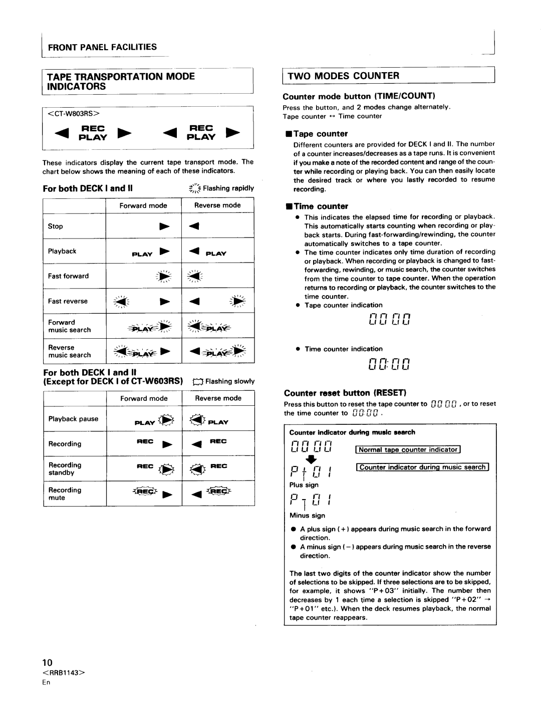 Pioneer CT-W803RS Tape Transportation Mode Indicators, For both Deck I, For both Deck Except for Deck I of CT-W603RS, Rec 