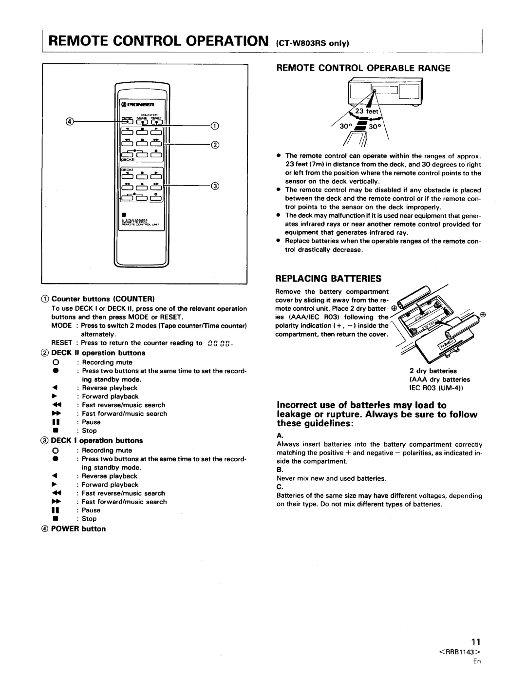 Pioneer CT-W603RS Remote Control Operation, CT-W803RS only, Remote Control Operable Range, Replacing Batteries 