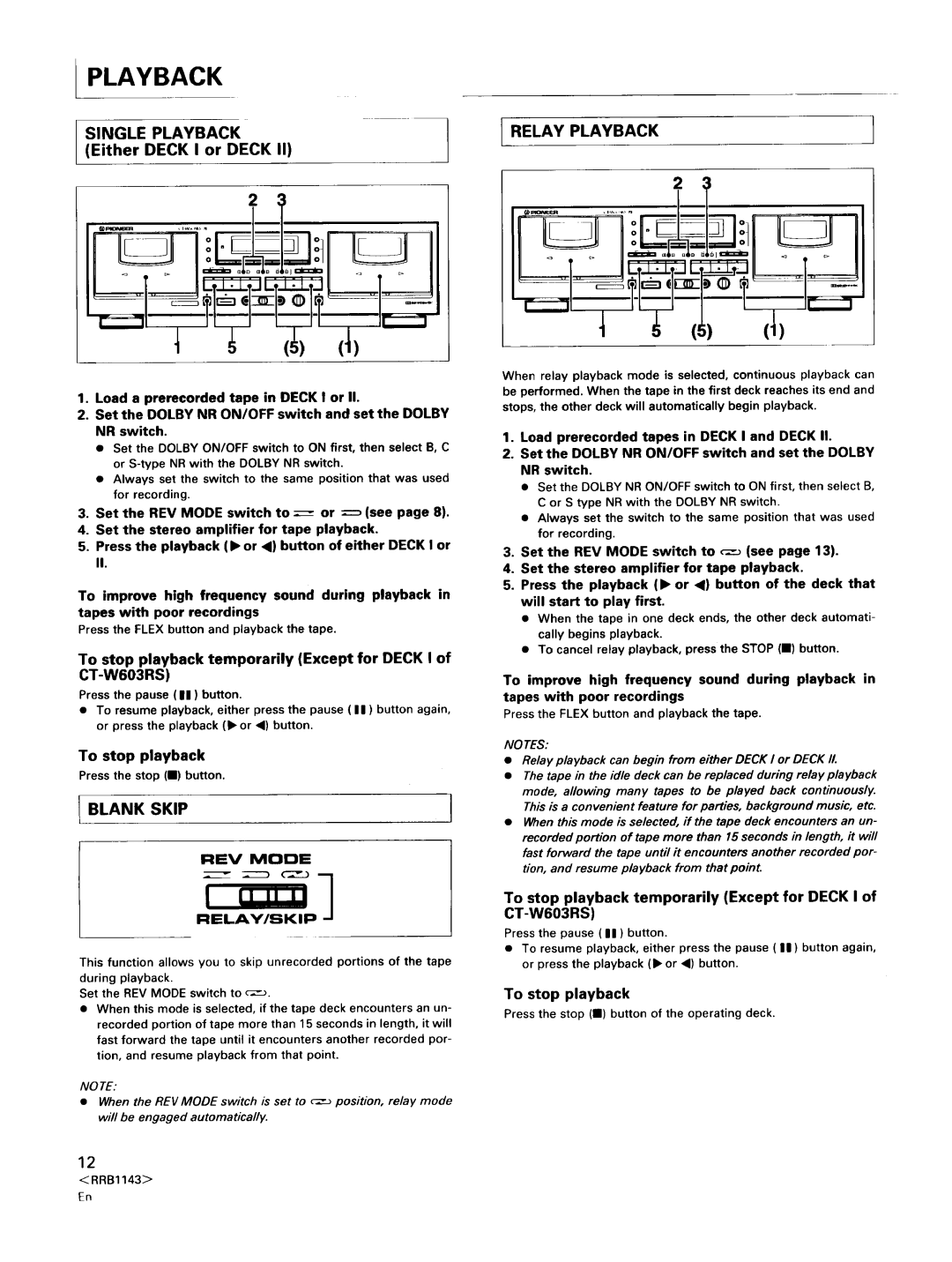 Pioneer CT-W803RS operating instructions Single Playback, Either Deck I or Deck, CT-W603RS, Relay Playback 