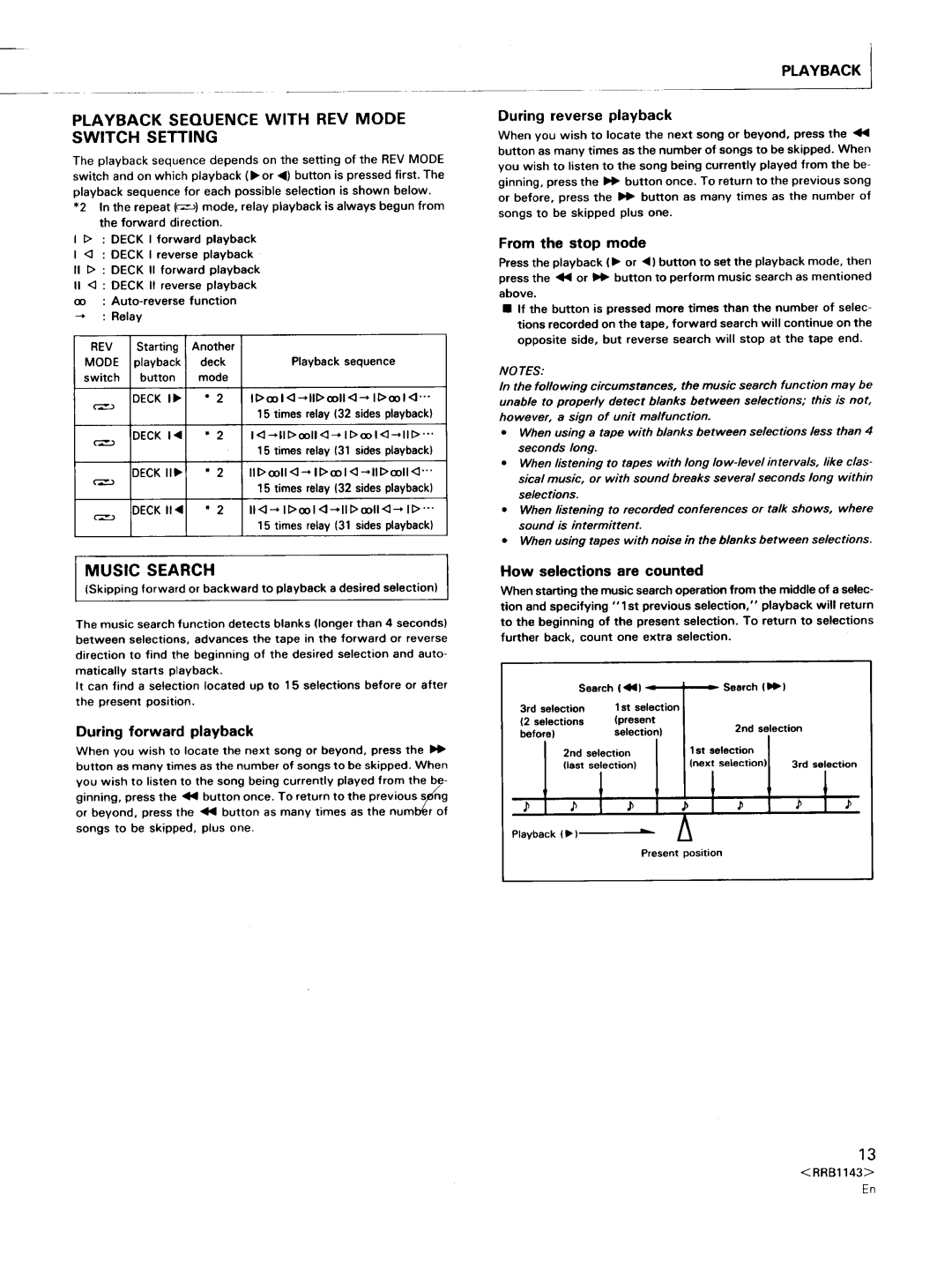 Pioneer CT-W603RS, CT-W803RS operating instructions Playback Sequence with REV Mode Switch Setting, Music Search 