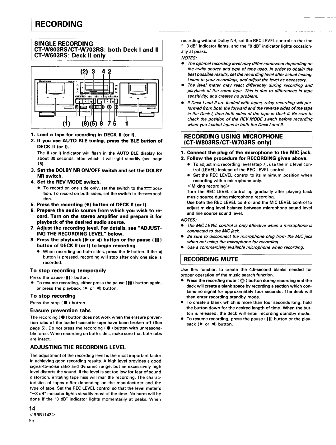 Pioneer CT-W803RS, CT-W603RS Single Recording, Adjusting the Recording Level, Recording Using Microphone, Recording Mute 