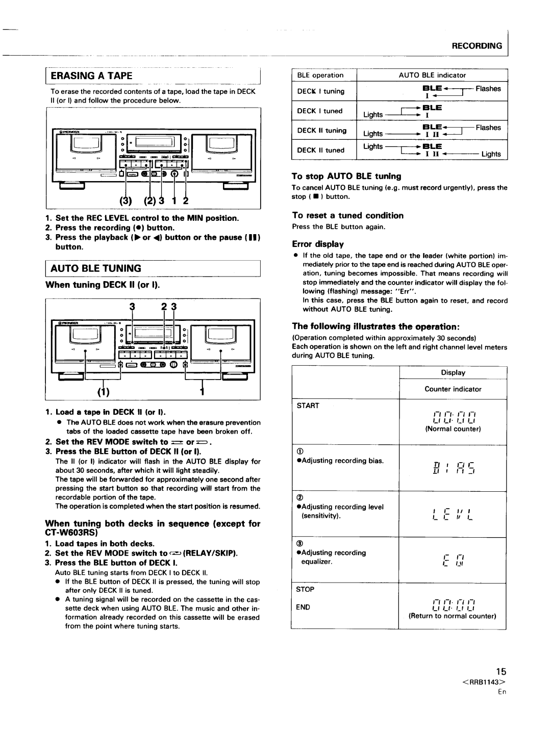 Pioneer CT-W603RS, CT-W803RS 23 1, Auto BLE Tuning, When tuning Deck II or, Recording, LI LI. L Lt Normal counter 