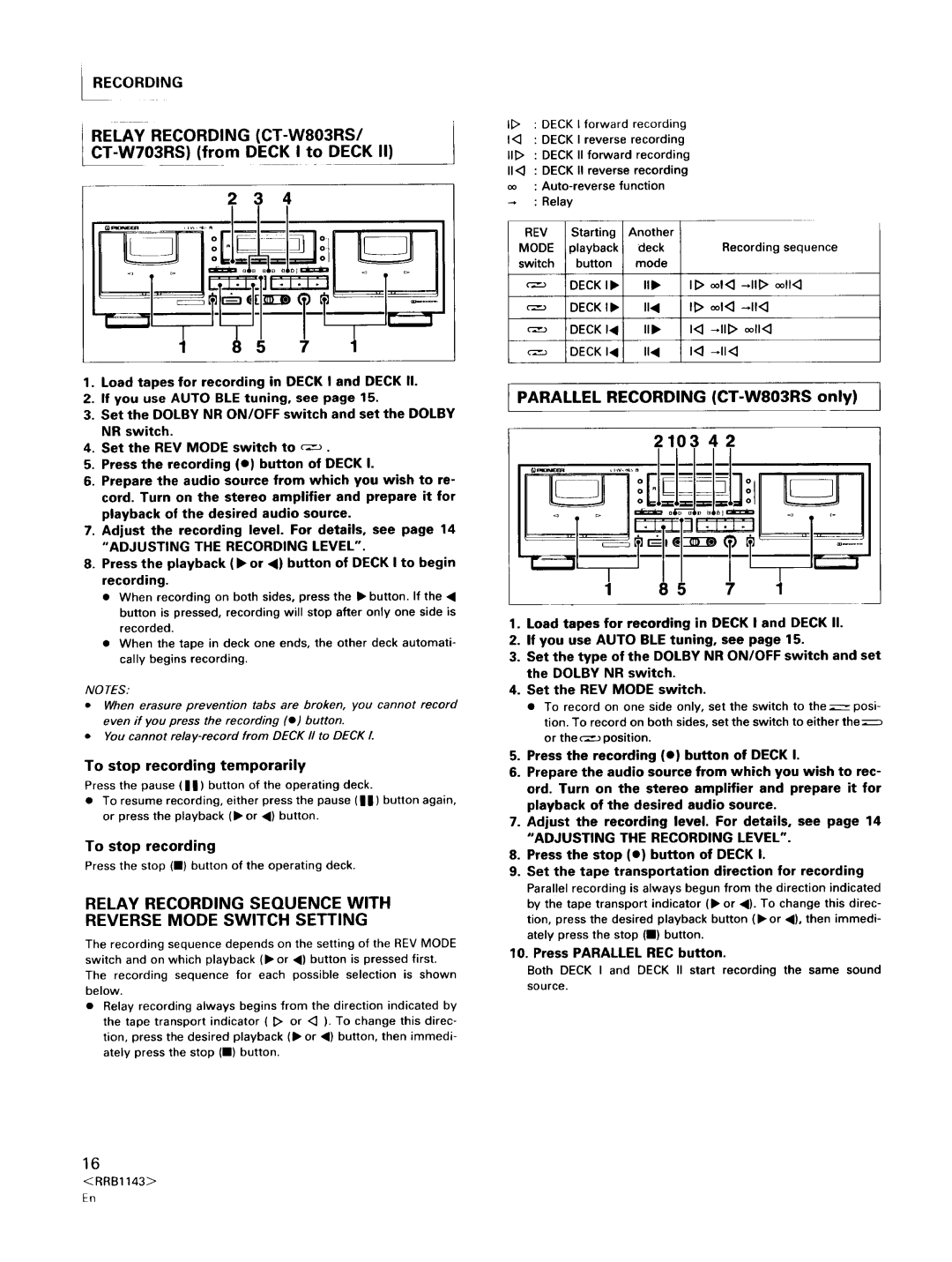 Pioneer Relay Recording Sequence with Reverse Mode Switch Setting, Parallel Recording CT-W803RS only J 2103, Deck 