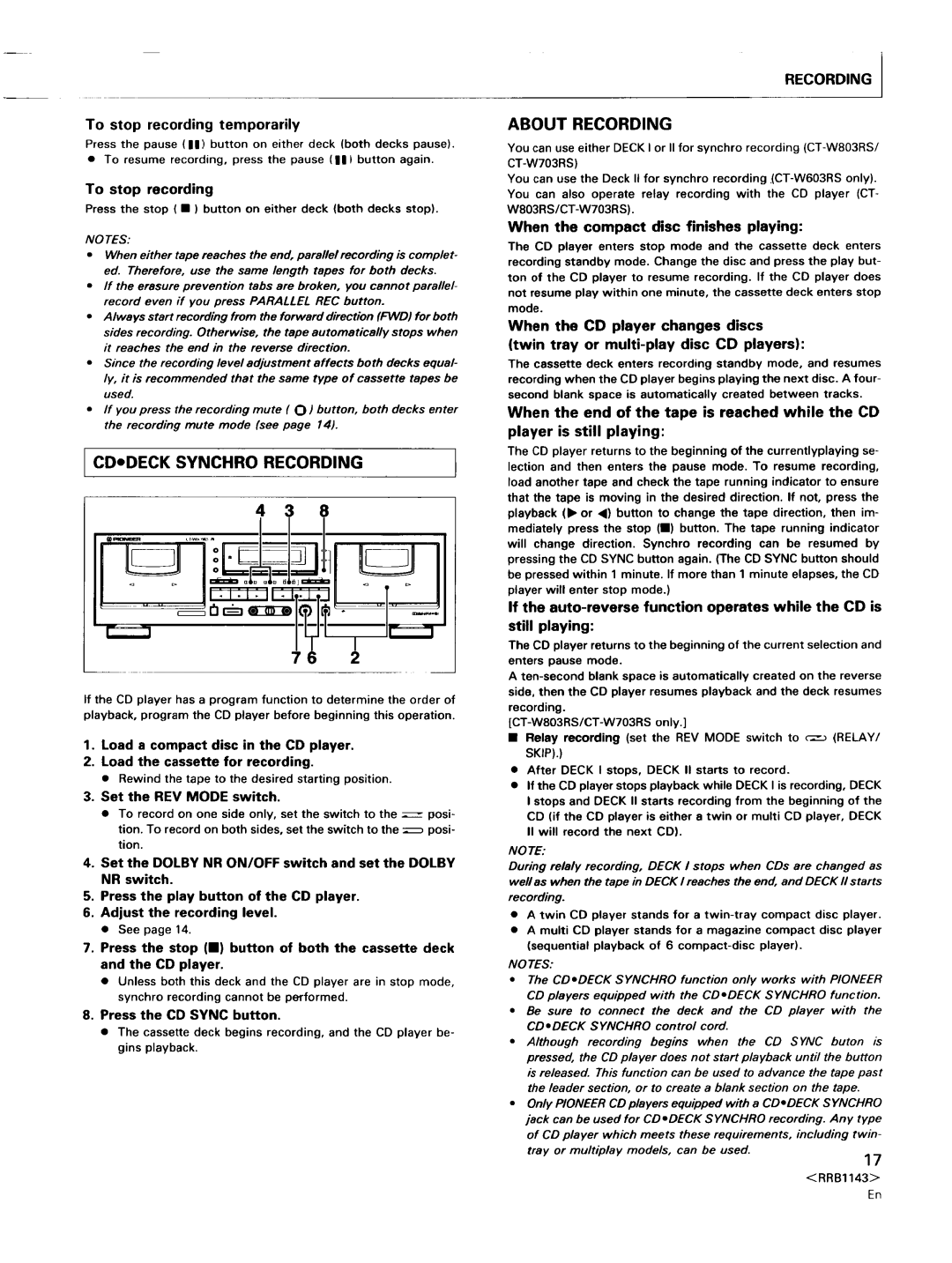 Pioneer CT-W603RS, CT-W803RS CDeDECK Synchro Recording, About Recording, To stop recording temporarily 