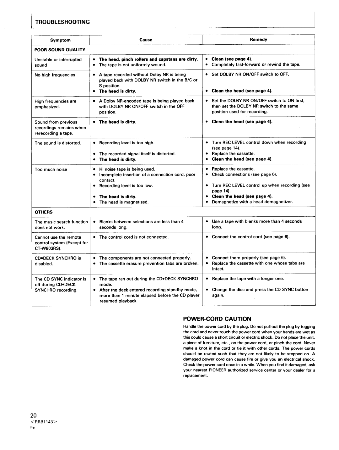 Pioneer CT-W803RS, CT-W603RS operating instructions Troubleshooting, POWER-CORD Caution, Nr On/Off, Others 