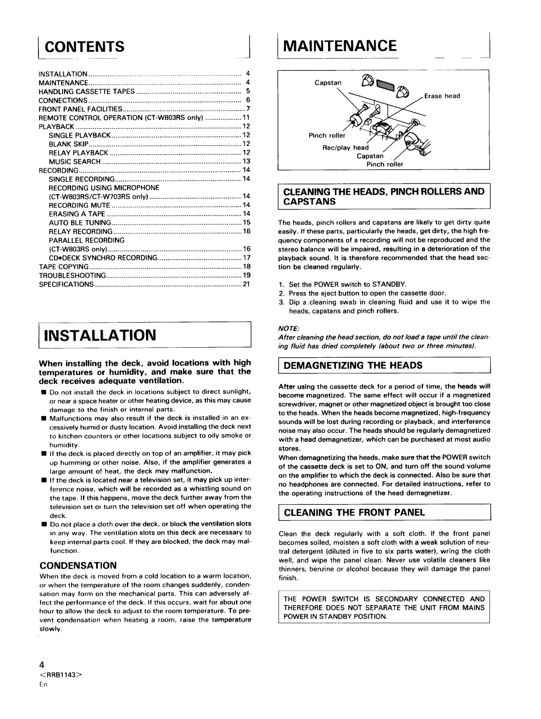 Pioneer CT-W803RS, CT-W603RS operating instructions Installation, Contents 