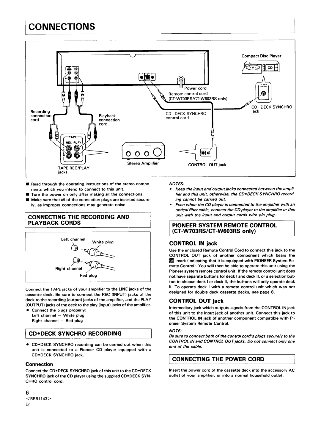 Pioneer CT-W803RS, CT-W603RS Connecting Recording Playback Cords, Pioneer System Remote Control, Connecting the Power Cord 