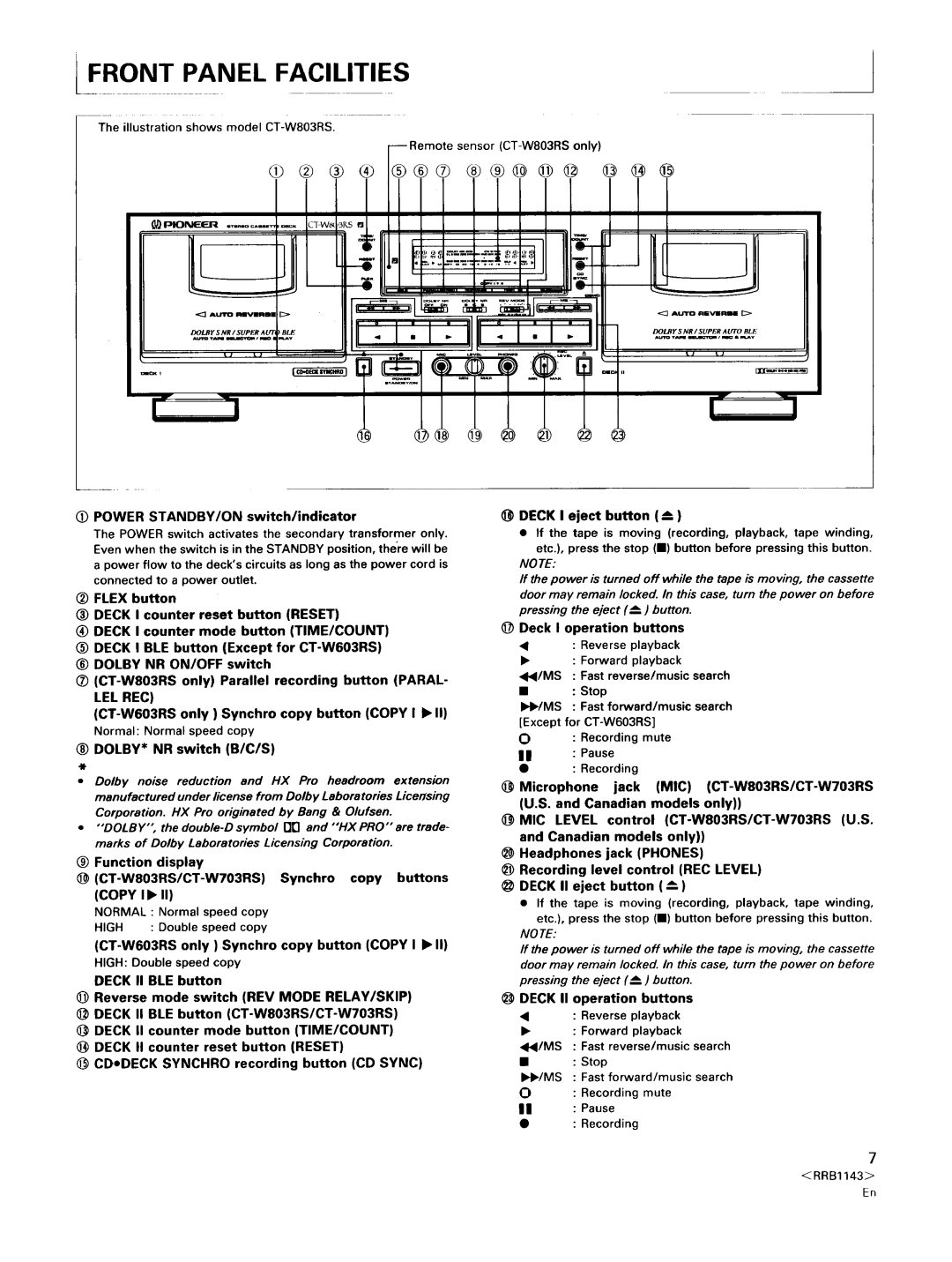 Pioneer CT-W603RS, CT-W803RS operating instructions Lfront Panel Facilities 