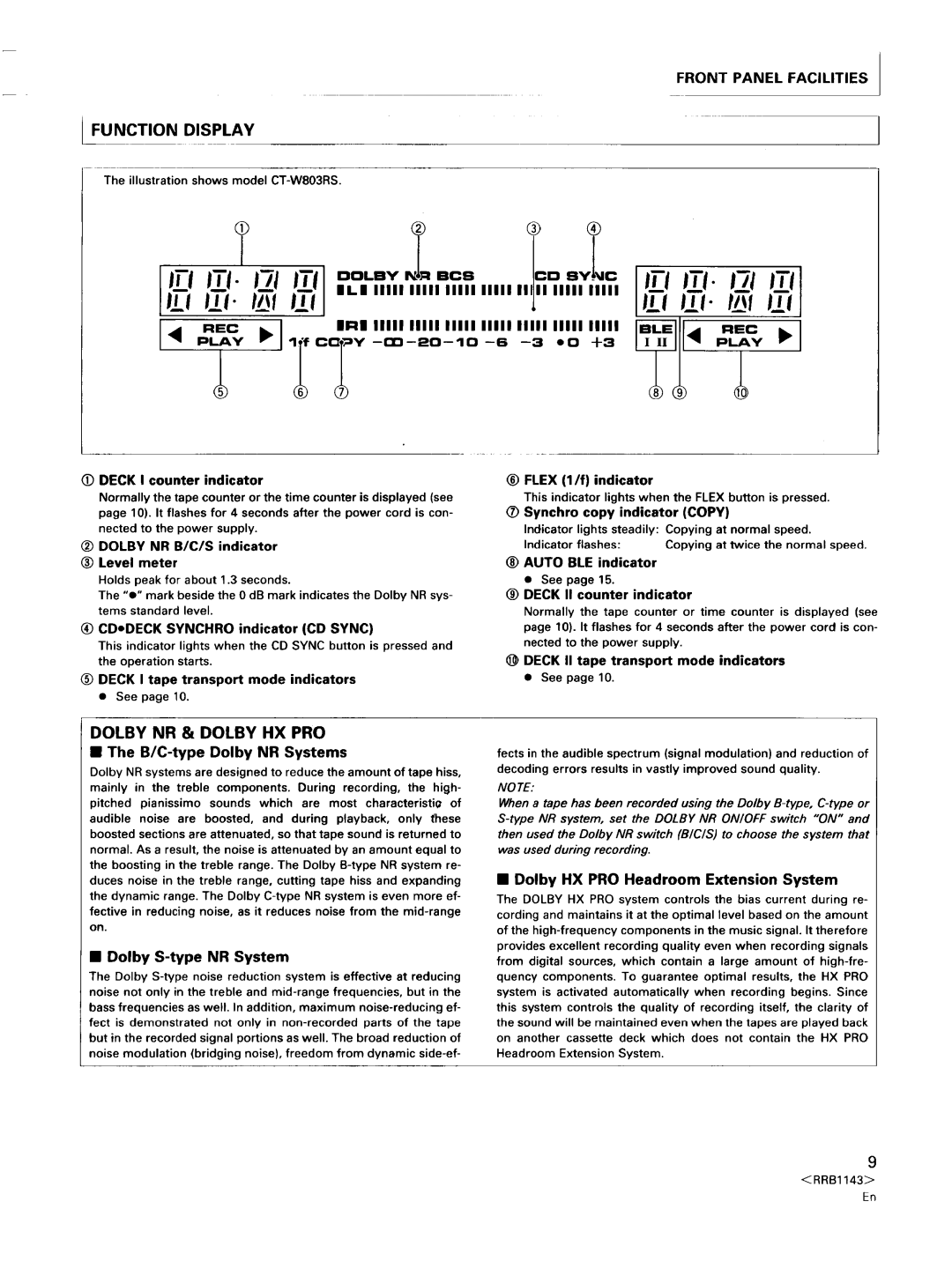 Pioneer CT-W603RS, CT-W803RS Function Display, Dolby NR & Dolby HX PRO, B/C-type Dolby NR Systems, Dolby S-type NR System 