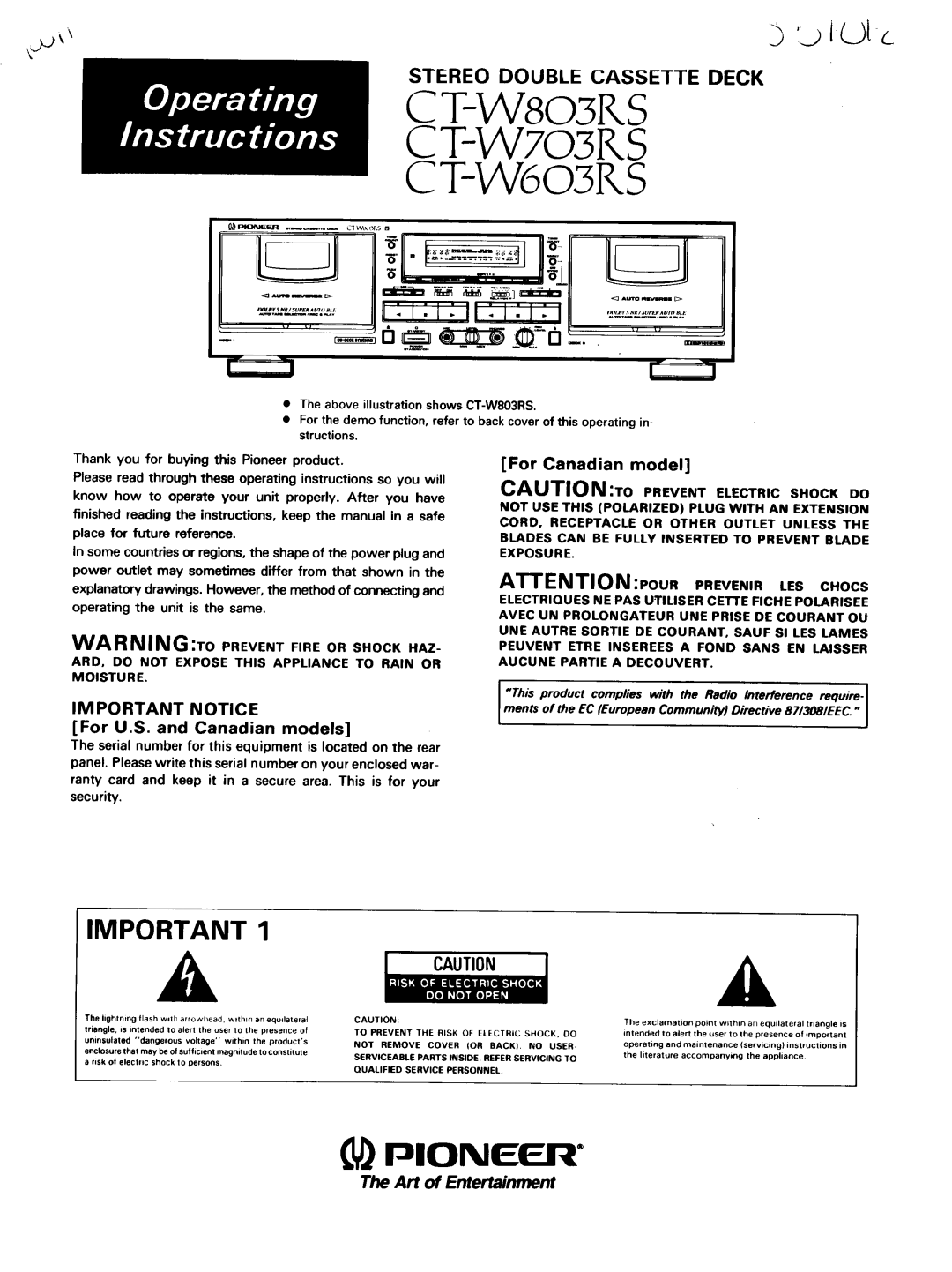 Pioneer CT-W603RS, CT-W803RS operating instructions Pioneer, Stereo Double Cassette Deck, For Canadian model, i tJlc 
